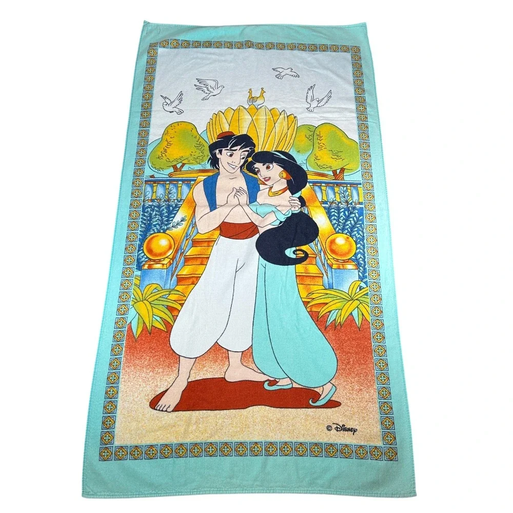 Vintage Disney Aladdin and Princess Jasmine Beach Towel Teal Orange Graphic 90s